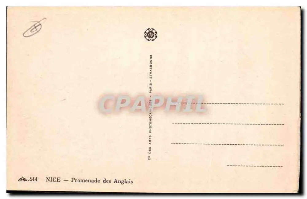 Nice - A Promenade des Anglais — vista da place do Casino com coluna e carros da época — Bilhete postal antigo n°444 - Verso