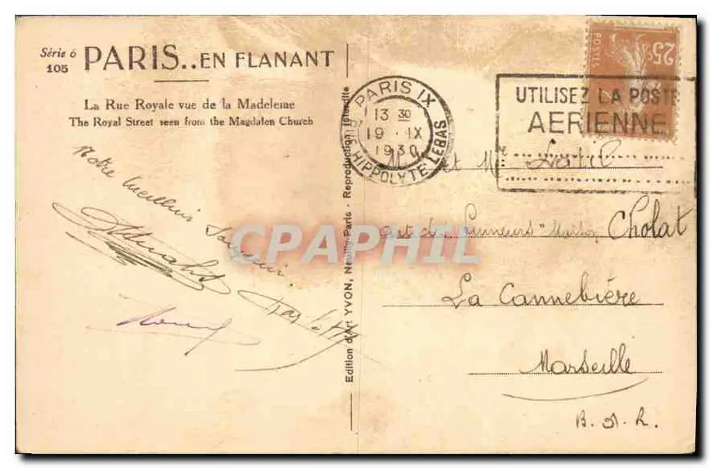 Paris — Rue Royale aus der Sicht der Madeleine — Édition YVON, Serie 105 - Rückseite