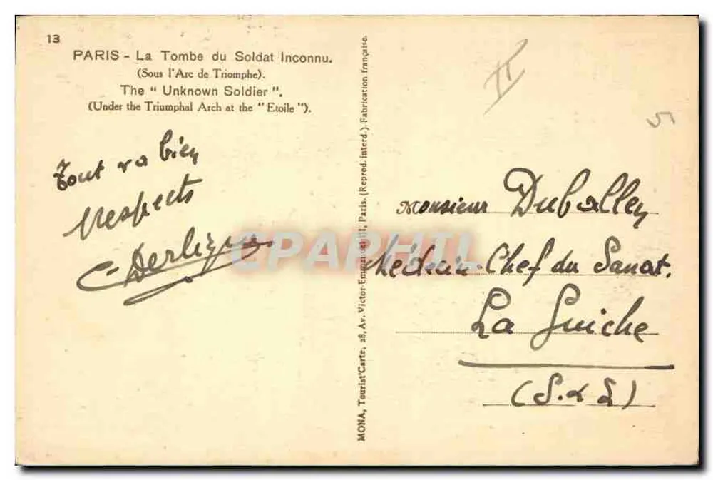 Paris - Grab des Unbekannten Soldaten — Unter dem Arc de Triomphe — Verlag Mona, Tourist-Carte, n°13 - Rückseite