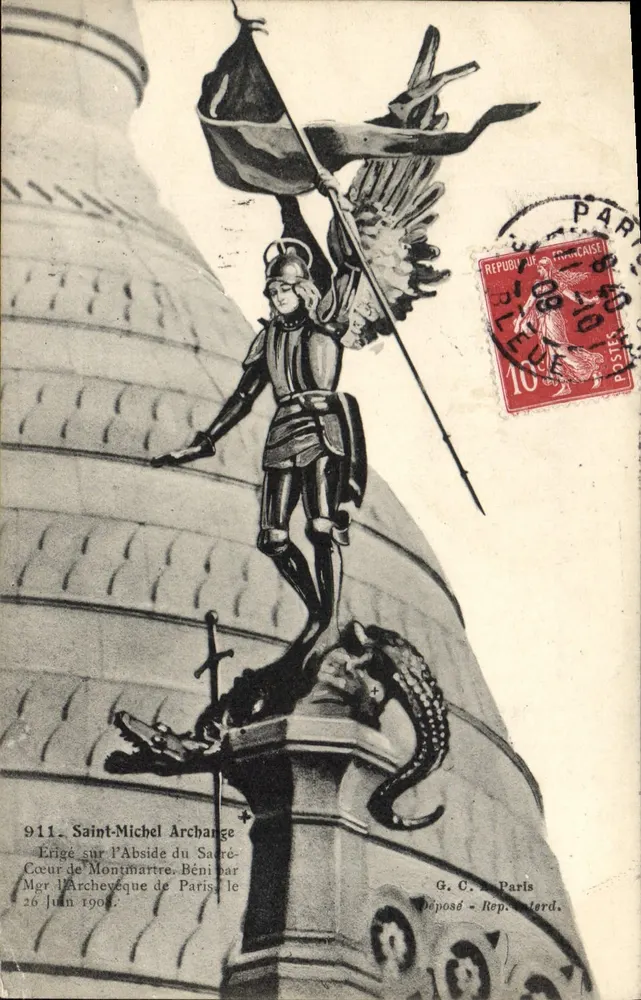 São Miguel Arcanjo — estátua na abside do Sagrado Coração de Montmartre — G. C. em Paris, n°911 - Frente