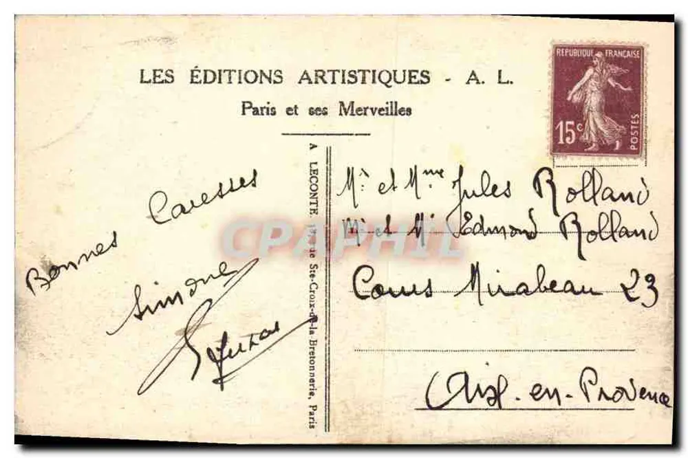 Paris - Praça da Bastilha — coluna da República — A. L. Edições Artísticas - Verso