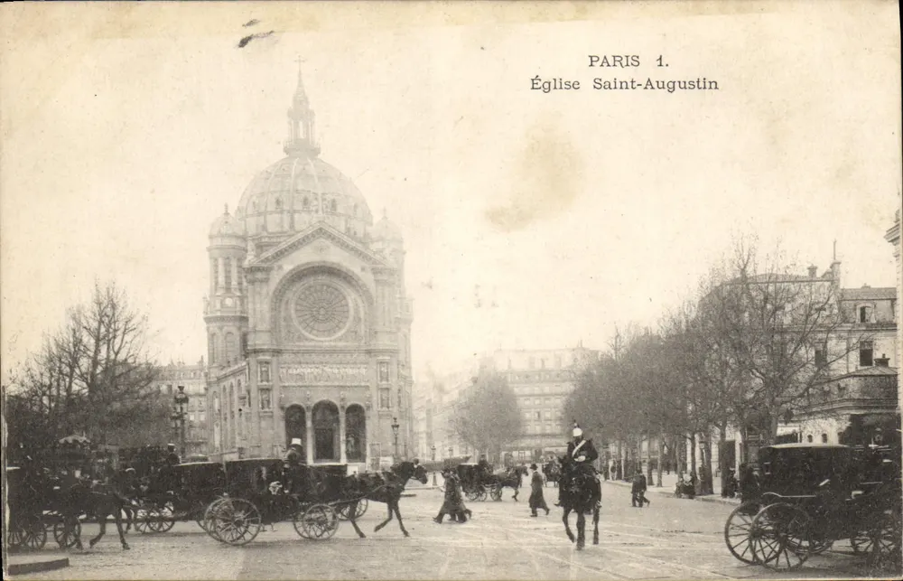Paris 1. Igreja de Saint-Augustin — vista da fachada com calvário e carruagens a cavalo - Frente