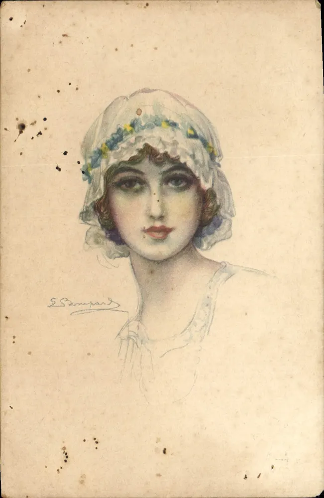 Junge Frau mit blumigem Hut — Aquarellzeichnung — E. Dompard - Vorderseite