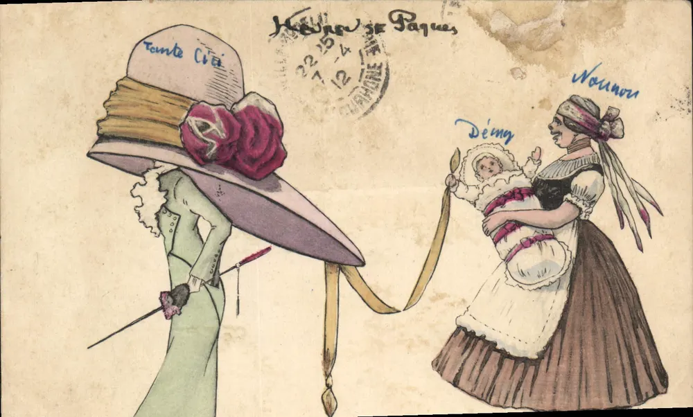 Fête de Pâques — scène de village avec femme en costume et nourrice — éditeur Hévenne de Pâques - Vorderseite