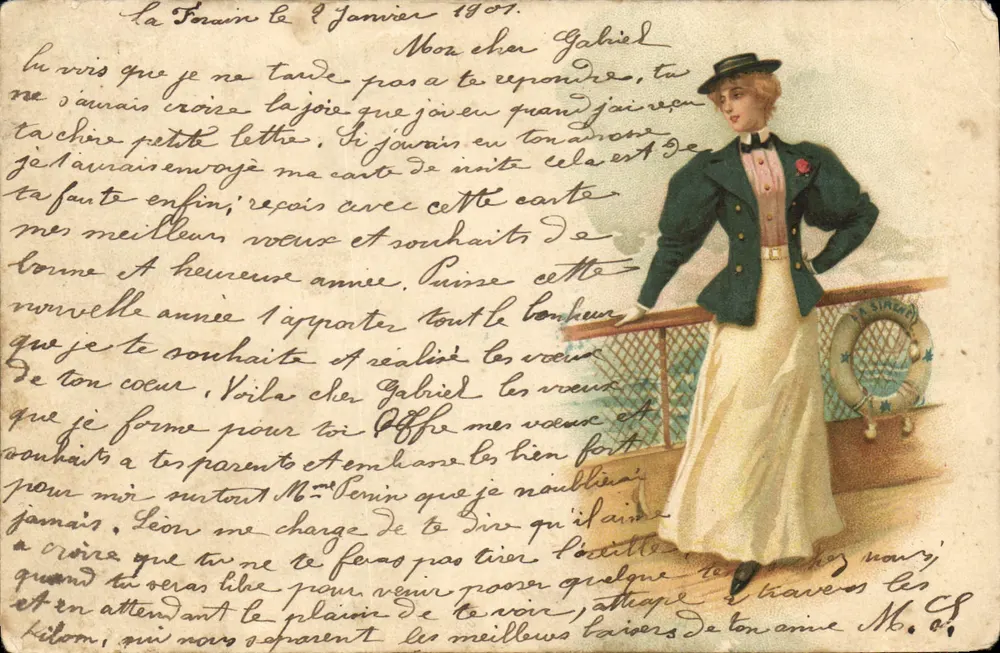 Femme en tenue de marin — scène de pont de navire — éditeur SIREY - Frente