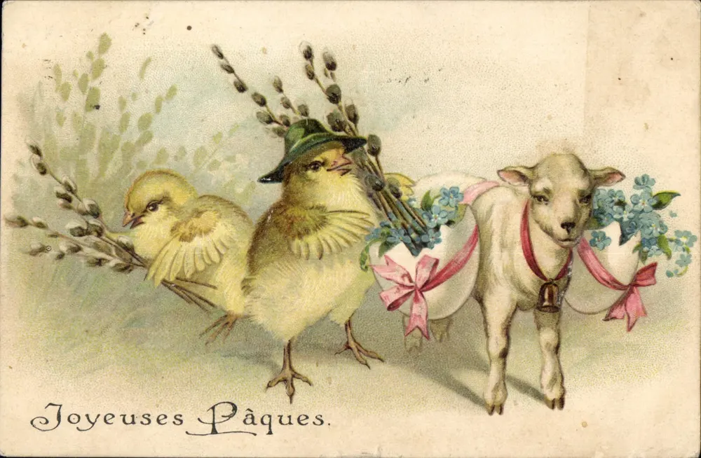 Cabras e pintos — Páscoa — Carta postal da União Postal Universal - Frente