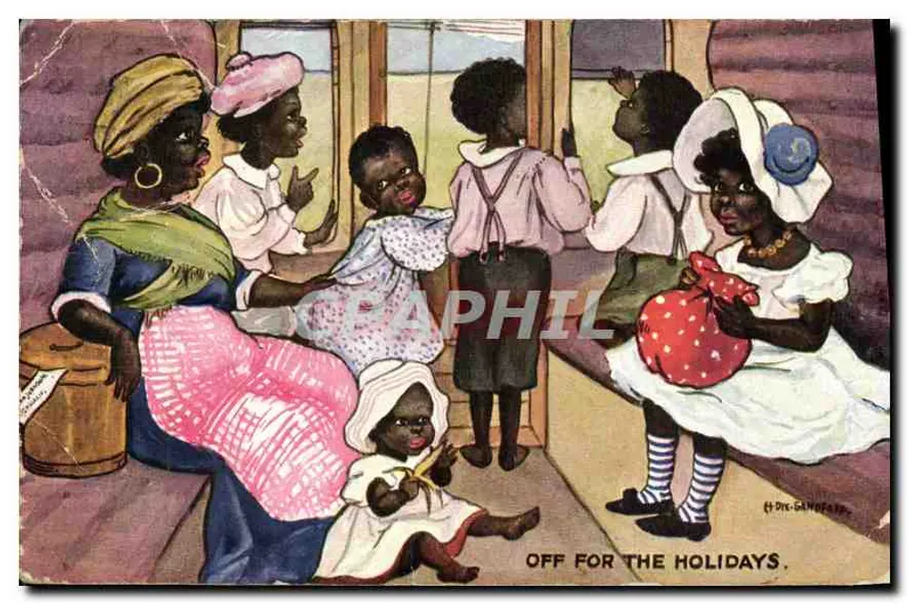 Czarna rodzina w pociągu — Off for the Holidays — H. Dix-Campagne - Awers