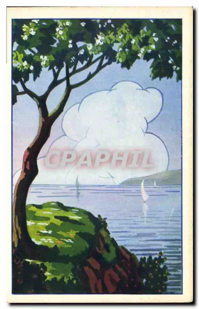 Vista do lago com barcos a vela — sob uma árvore florida — editor desconhecido, número de série não visível - Frente