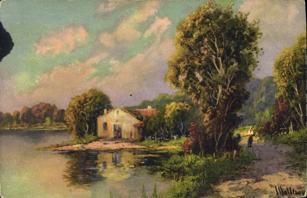 Paisagem lacustre com casa — obra de T. Waller — STF No. 408 - Frente