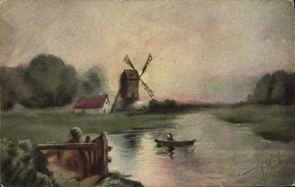 Moinho de vento e canoa em um canal — Inter-Art Co., Florence House, Barnes, S.W. — Série 5052 - Frente