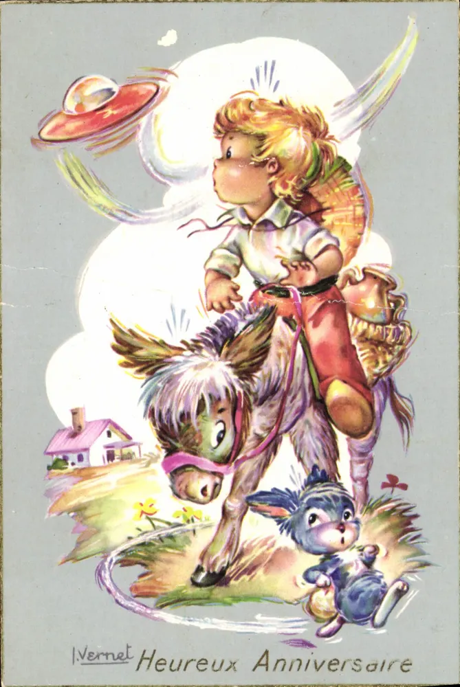 Enfant sur âne — scène champêtre avec lapin — éditeur I. Vernet, n° 488 - Frente