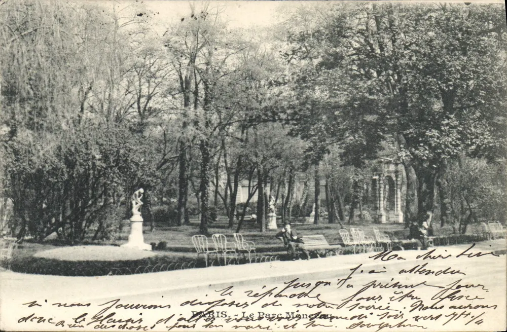 PARIS - Park Monceau — widok ogrodu z figurami i ławkami — wydawca nieznany - Awers