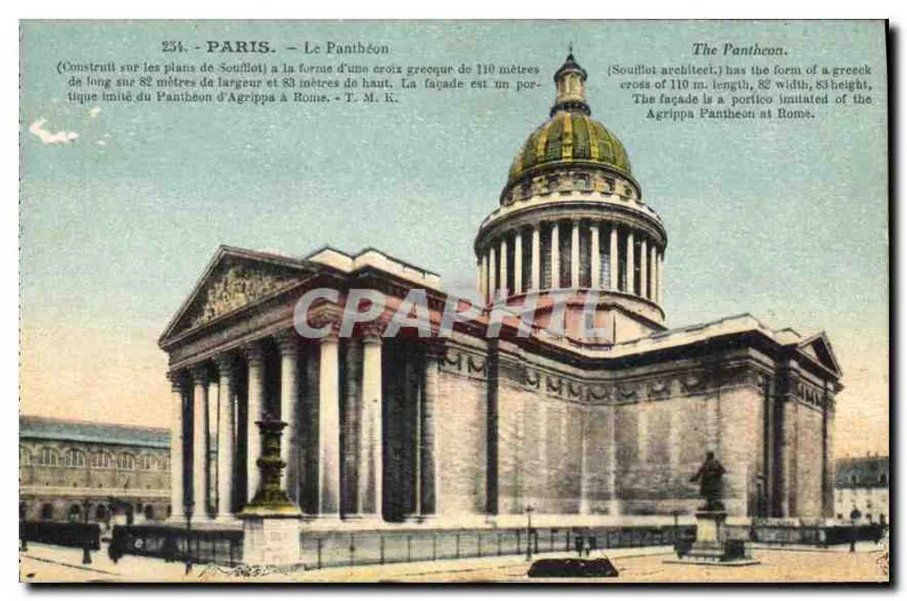 Paris - O Panteão — Construído sobre os planos de Soufflot, fachada imitando o Panteão de Agrippa em Roma — T. M. K. - Frente
