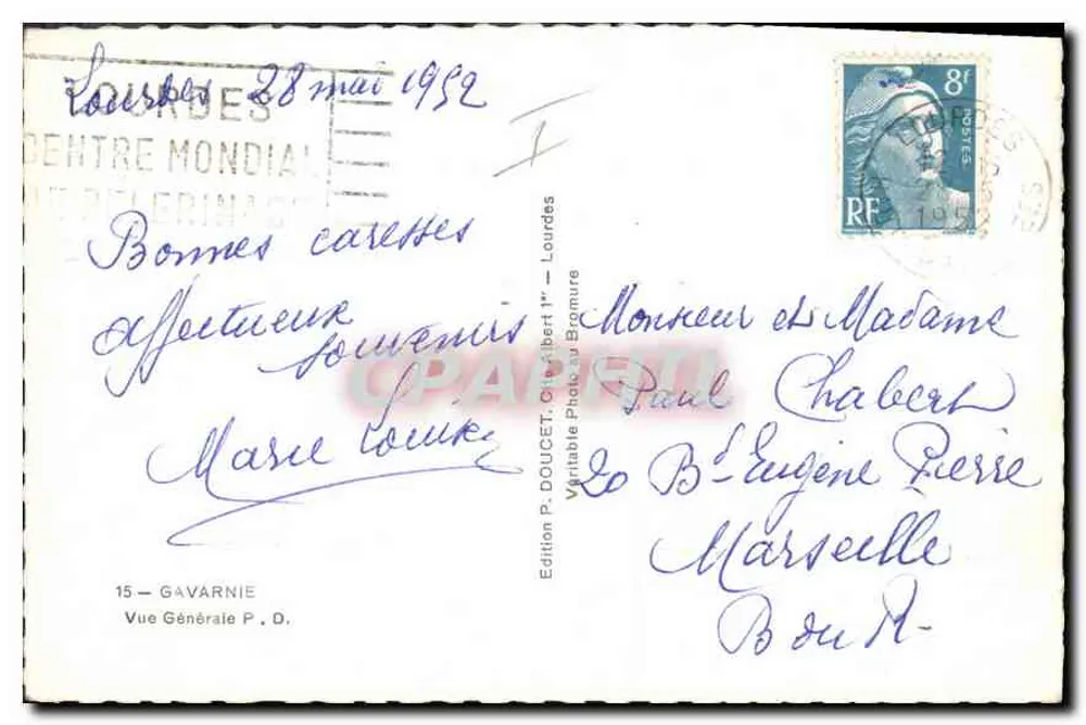 Vista de Gavarnie — Montanhas dos Pirineus — Edição P. Doucet, Gavarnie - Verso