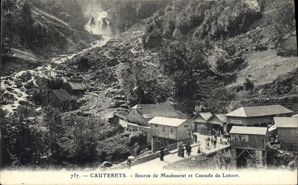 Cauterets — Source de Mauhourat et Cascade de Lutour — éditeur MAUHOURAT, n° 757 - Frente