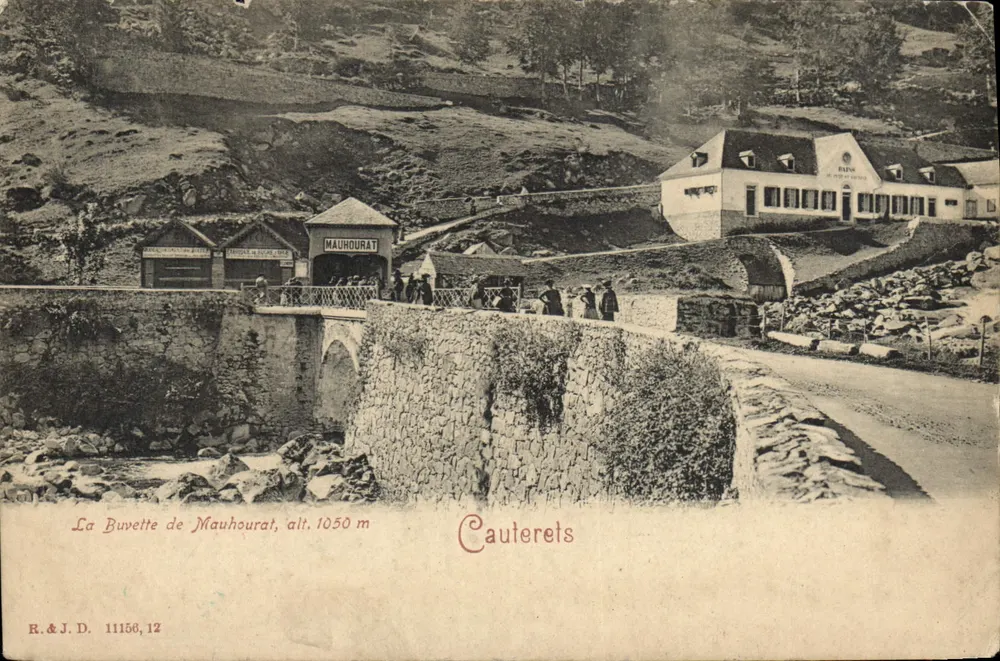 La Buvette de Mauhourat — vue de la cascade et du bâtiment à Cauterets — éditeur R.&J.D. n° 11156,12 - Frente