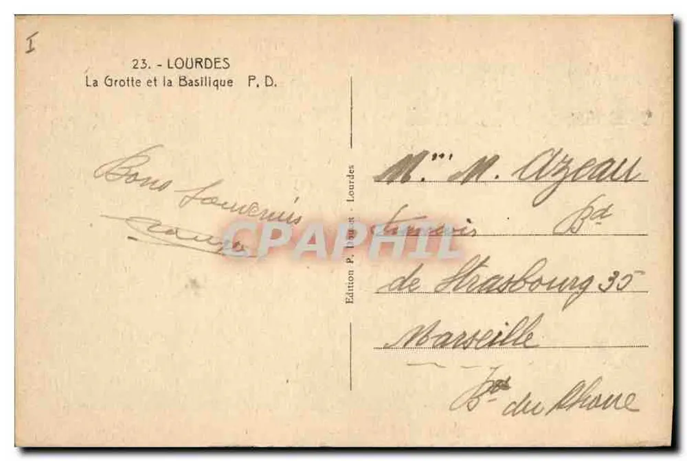 Lourdes — La Grotta e la Basilica — Edizione P. D. Lourdes, n°23 - Verso