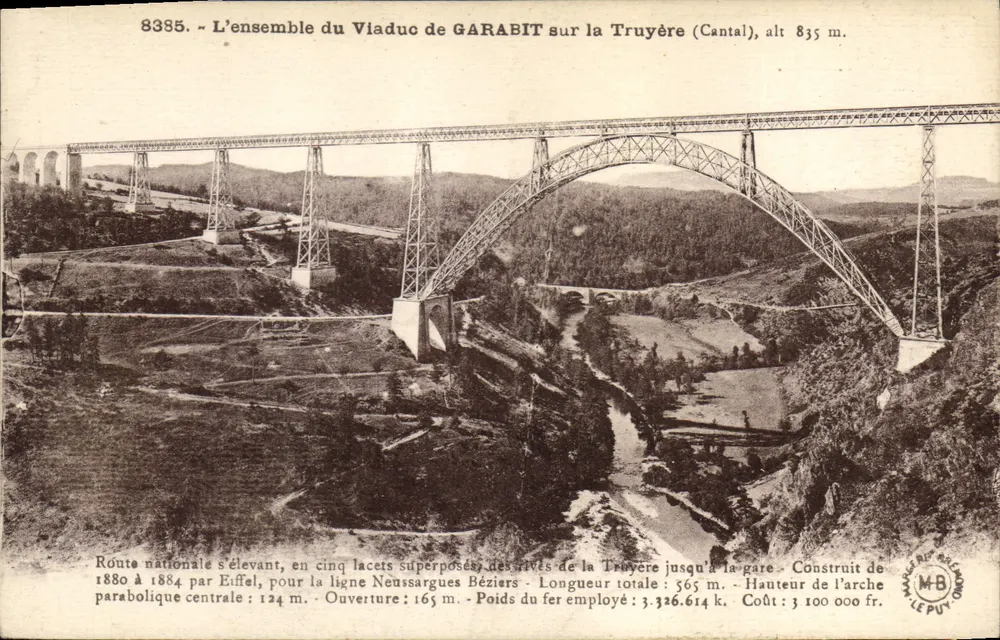 Viadukt von Garabit über die Truyère (Cantal) — Panoramablick — Verlag: Mag. Hermimund, Le Puy (Haute-Loire), Nr. 8385 - Vorderseite