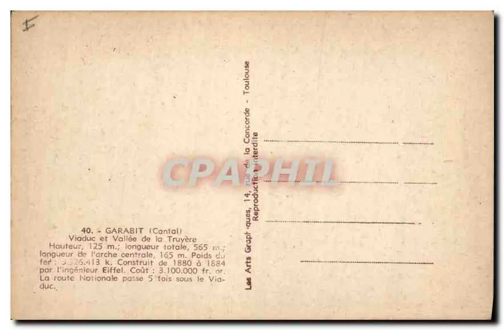 Garabit-Viadukt — Cantal — Verlag: Les Arts Graphiques, Toulouse - Rückseite
