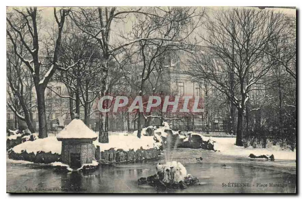 St-ÉTIENNE - Place Marengo — vista invernal com fonte e kiosque nevados - Frente