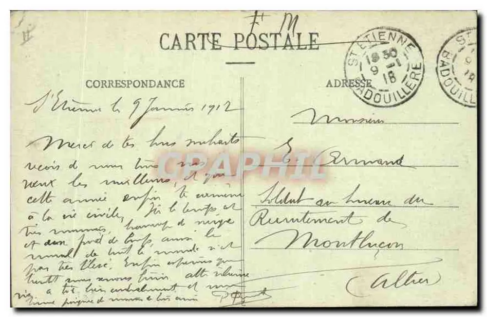 St-ÉTIENNE - Place Marengo — vista invernal com fonte e kiosque nevados - Verso