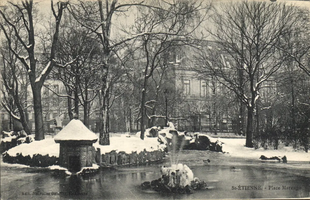 Saint-Étienne - Praça Marengo - Vista invernal com fonte e lago congelado - Frente