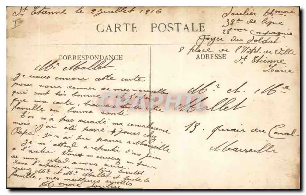 Saint-Étienne — Place Marengo — A Prefeitura — Edit. J. Merial - Verso