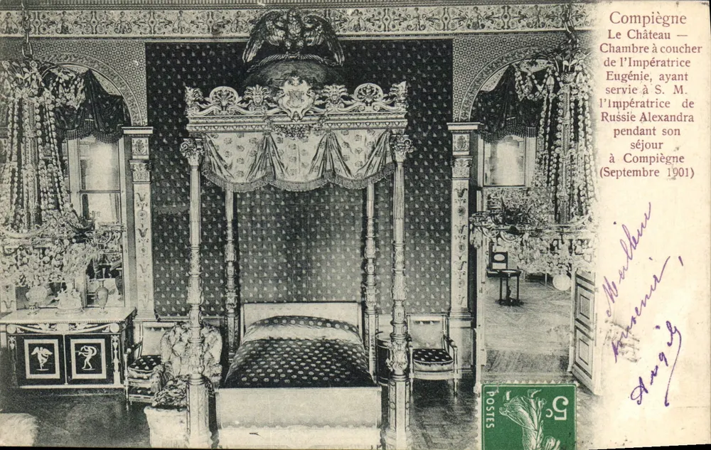 Compiègne — Castelo, Quarto de dormir da Imperatriz da Áustria Eugénie, que foi utilizado pela Sua Majestade a Imperatriz da Rússia Alexandra durante sua estadia em Compiègne (Setembro 1901) - Frente