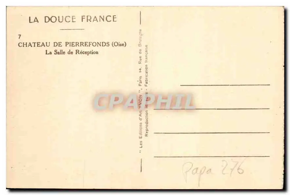 Castelo de Pierrefonds — Sala de Recepção — Edições de Arte 'MON' Paris - Verso
