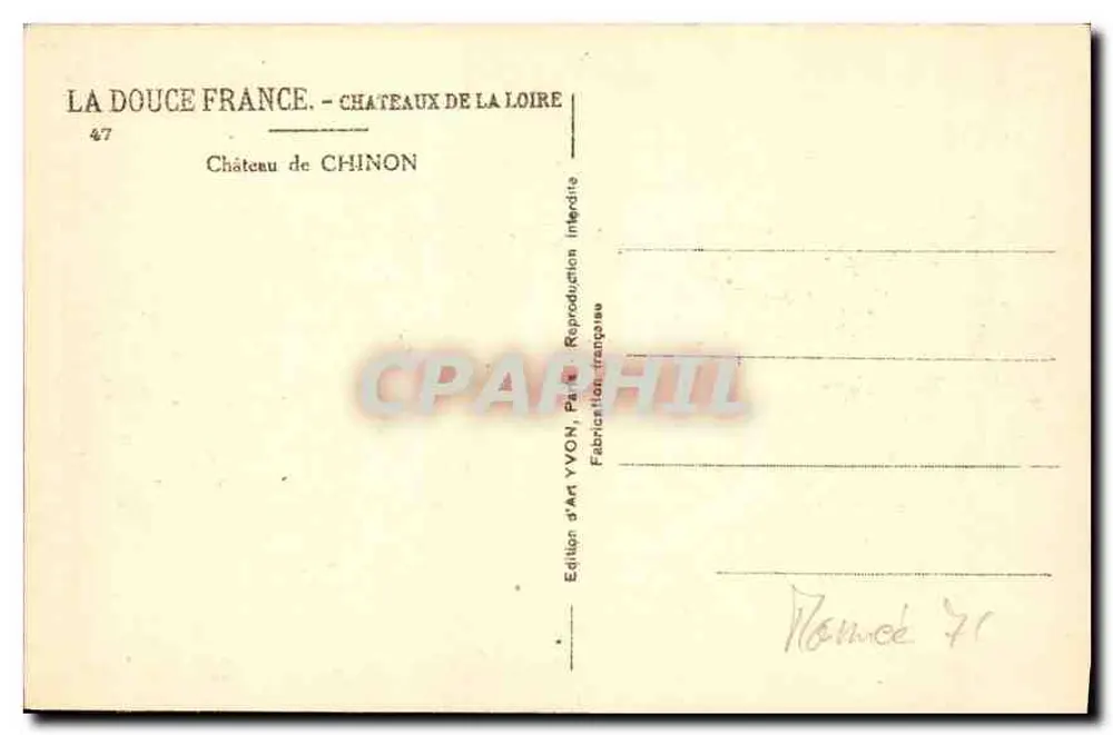 Castelo de Chinon — vista sobre a Loire — Edição d'Art YVON, n°47 - Verso
