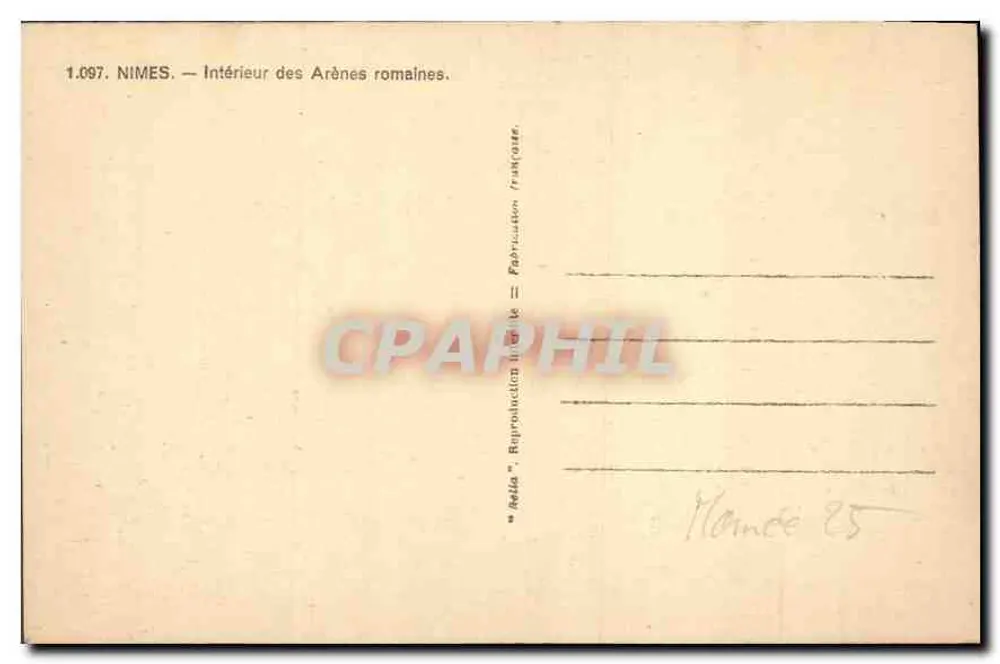 Nîmes — Interior das Arenas Romanas — Arenas de Nîmes — Bilhete postal antigo n°1.097 - Verso