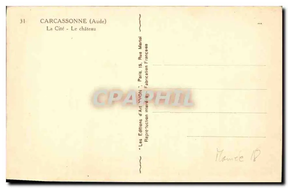 Carcassonne (Aude) — A Cidade - O castelo — Les Éditions d'Art YVON, Paris - Verso