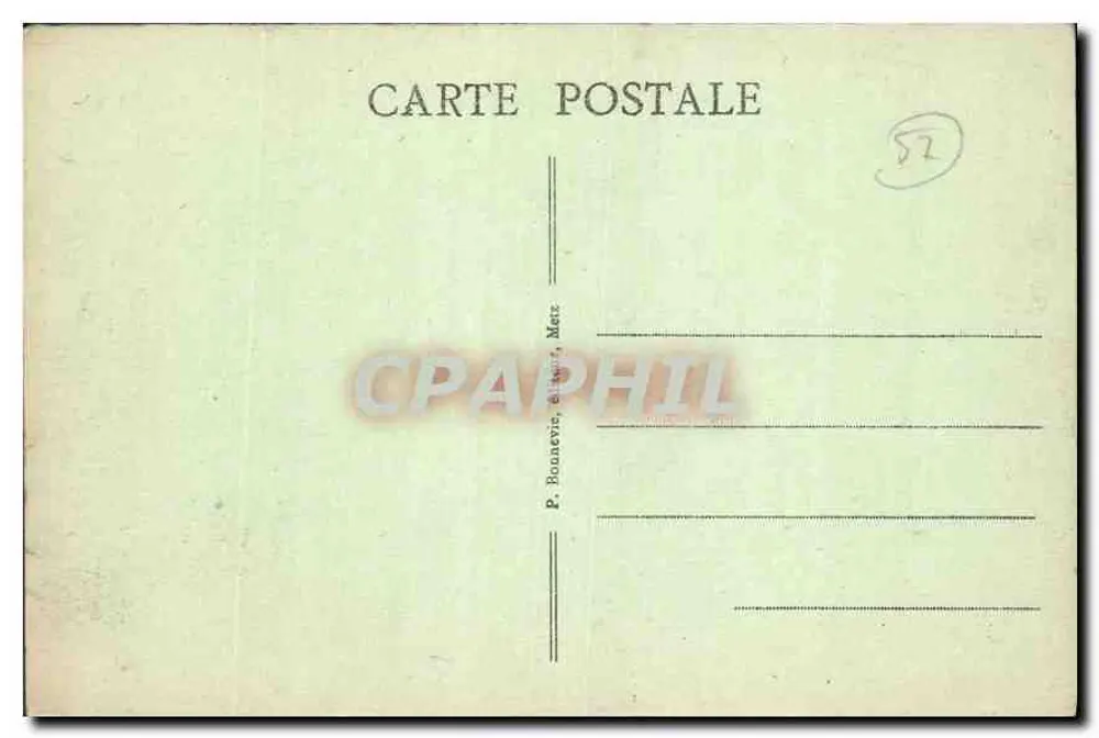 METZ - Place d'Armes — vista panorâmica com estátuas e trilhos — editor P. Bouanevie, n° 210 - Verso