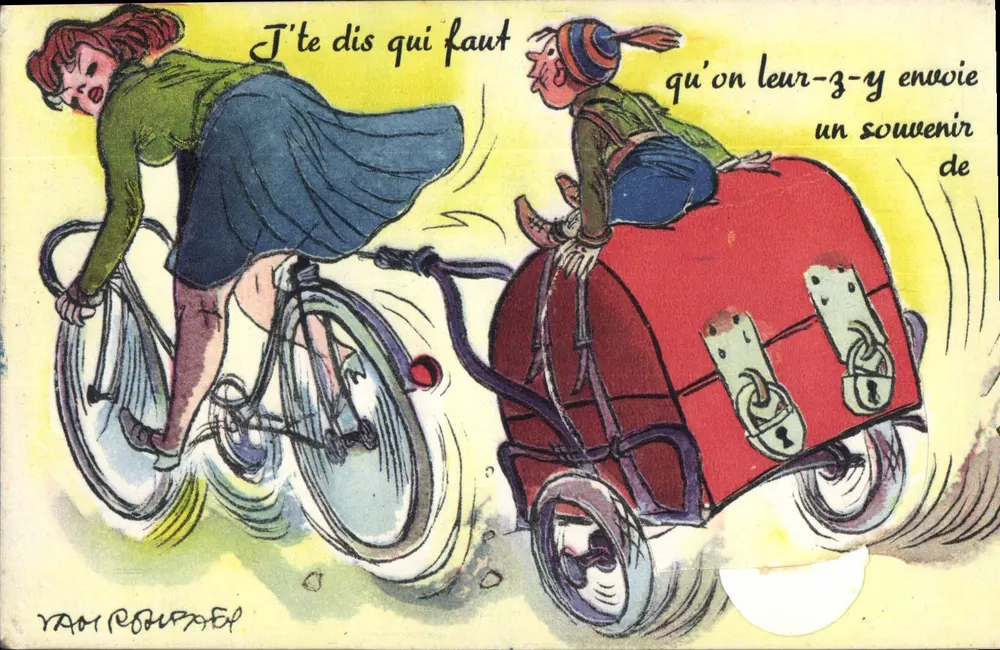 Ciclista e passageiro em um carrinho — desenho humorístico — YANN ROHARD, série 1475 - Frente