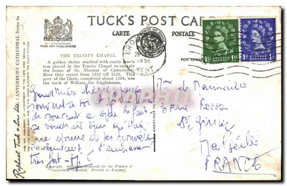 Capela Trinity — Catedral de Canterbury — Série de Cartas Postais de Tuck VI - Verso
