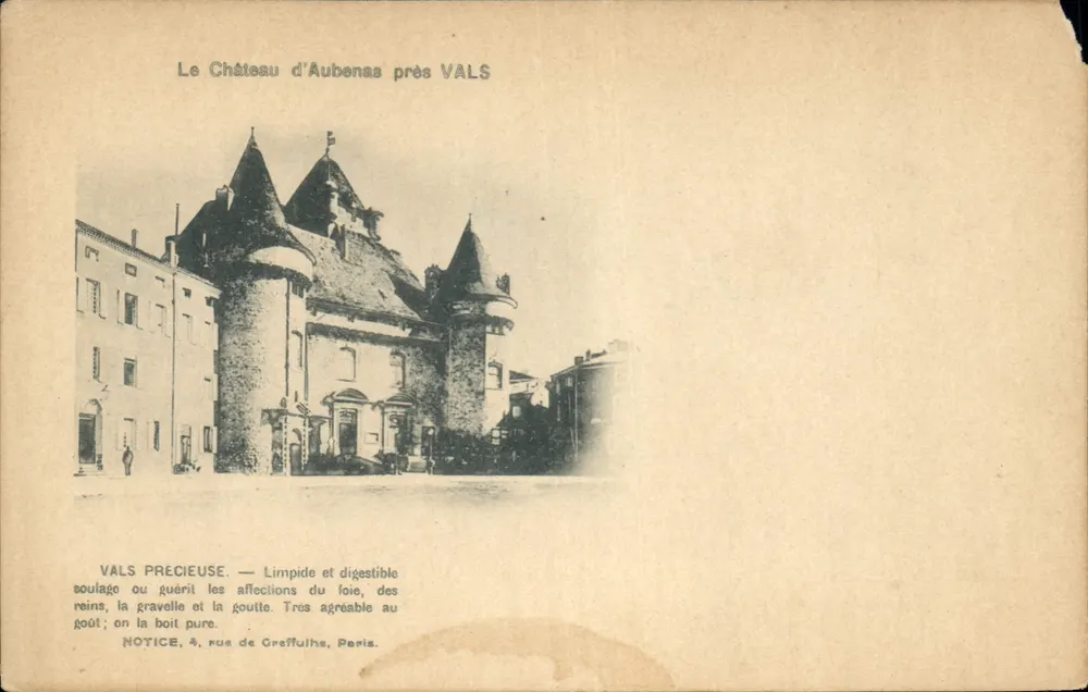 El Castillo de Aubenas cerca de VALS — publicidad para Vals précieuse — NOTICE, 4, rue de Greffulhe, París - Anverso