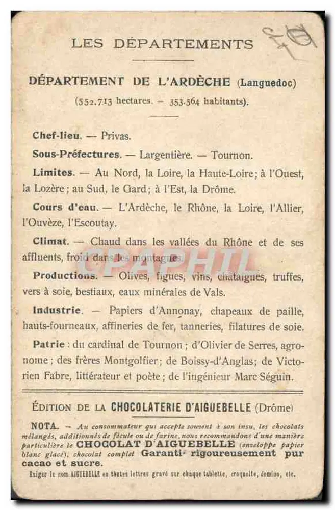 Les Départements : ARDÈCHE — carte géographique avec illustration du Château de Cruissol — Édition de la CHOCOLATERIE D'AIGUEBELLE - Rückseite