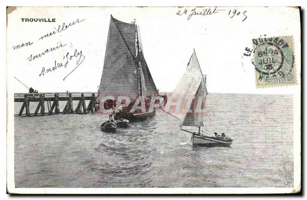Trouville — Praia e barcos a vela — Editor: Chocolat Droulers (Fresnes-sur-Escaut, Nord) - Frente