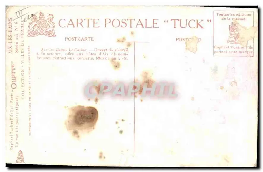 Aix-les-Bains - Le Casino — scène nocturne avec public — éditeur Tuck & Co. (série 121, n°6) - Verso