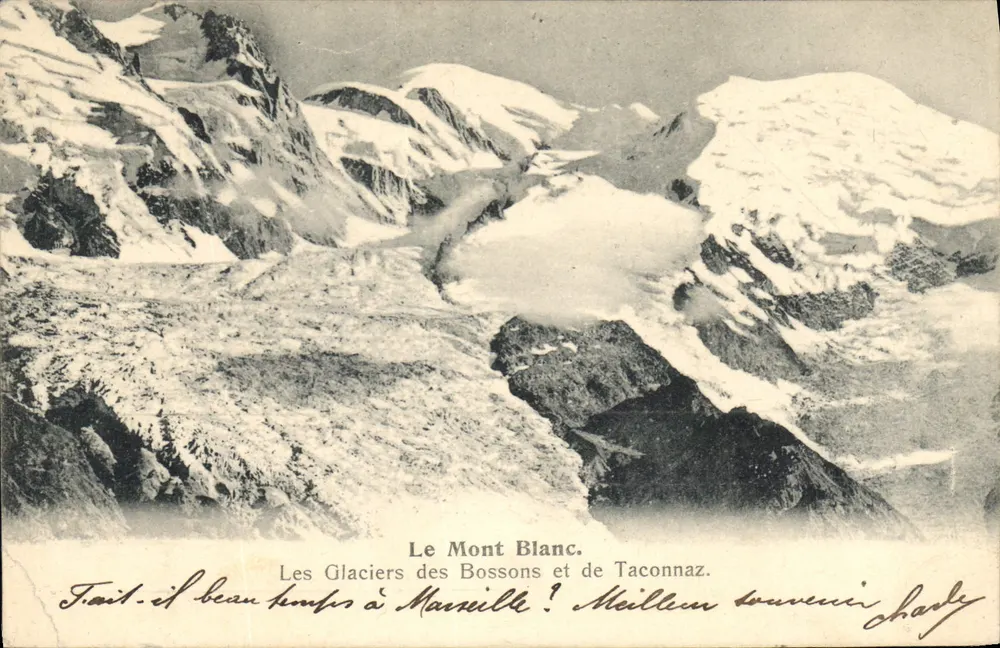 Mont Blanc — Die Gletscher von Bossons und Tacconnaz — unbekannter Verlag, Seriennummer nicht sichtbar - Vorderseite