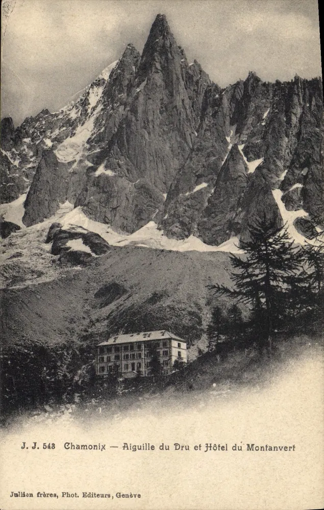 Chamonix — Aiguille du Dru e Hotel du Montanvert — Jullion frères, Fot. Editeurs, Ginevra - Recto