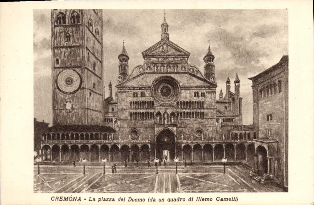 Cremona — Die Piazza del Duomo — (aus einem Gemälde von Illemo Gamelli) - Vorderseite