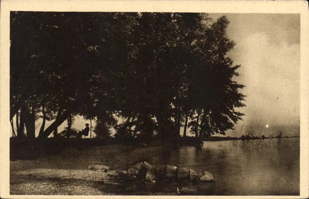 See bei Dämmerung — Silhouette eines Mannes, der unter Bäumen sitzt — Édition d'Art, Nancy - Vorderseite
