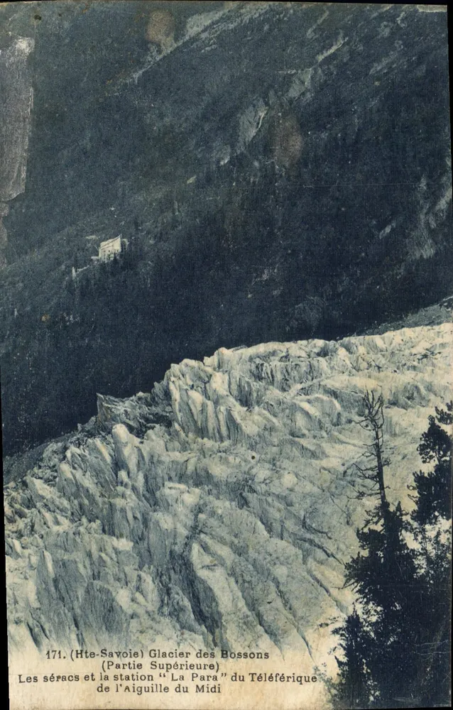 Glaciar dos Bossons — Parte Superior e estação "La Para" do Teleférico da Aiguille du Midi — M. Montant, fotógrafos, Saint-Étienne (Hte-Savoie) - Frente