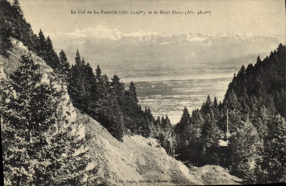 Der Col de La Faucille (Höhe 1323m) und der Mont Blanc (Höhe 4810m) — Ch. Paget, Buchhändler, in Moriez (Jura) - Vorderseite