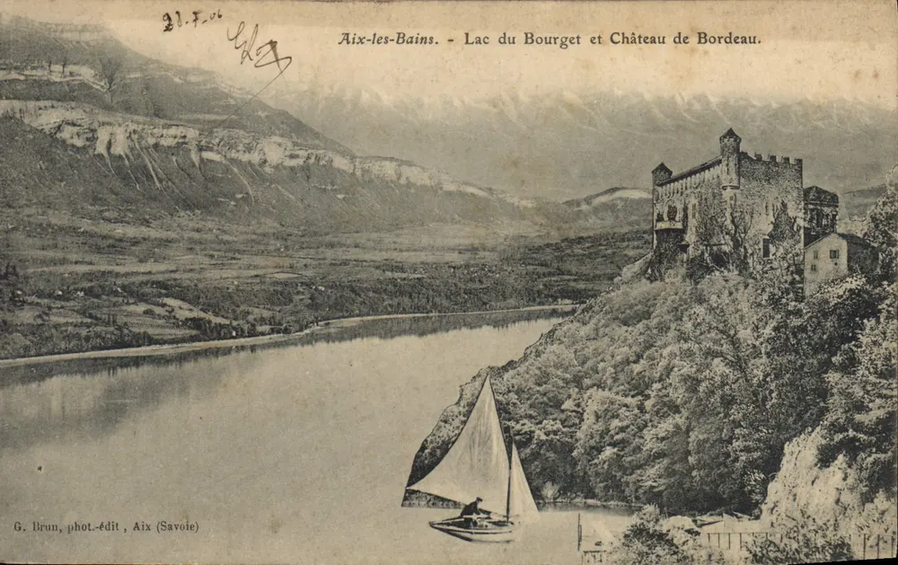 Aix-les-Bains - Lago do Bourget e Castelo de Bordeau — G. Brun, fot.-edit., Aix (Savoie) - Frente