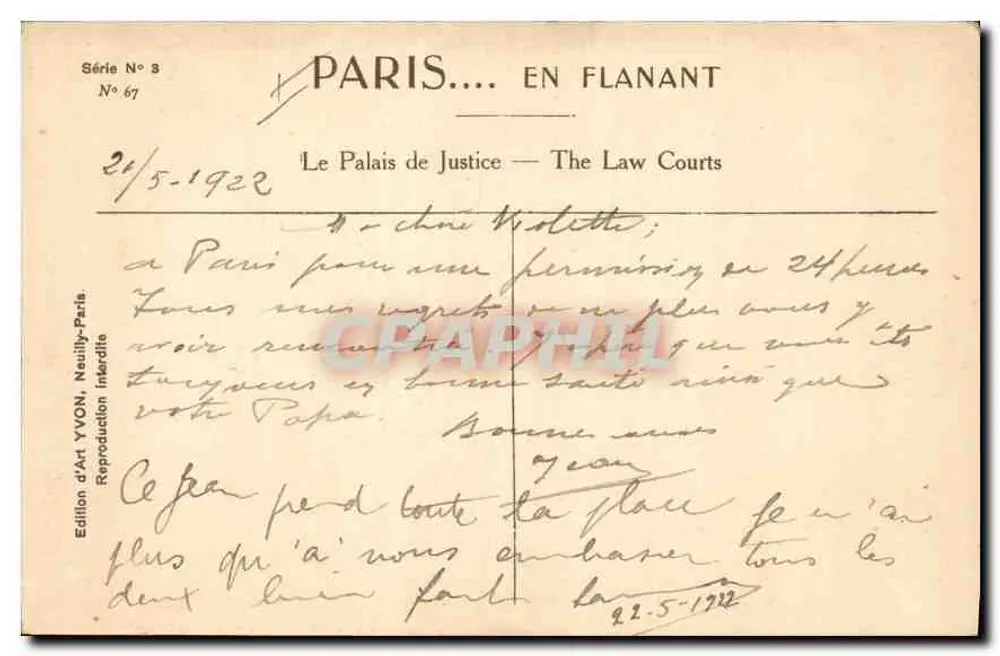 Paris — Das Palais de Justice — Künstleredition YVON, Nauilly-Paris, Serie Nr. 3, Nr. 67 - Rückseite