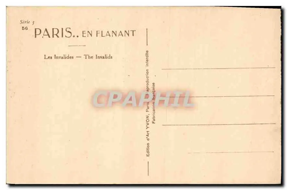 Les Invalides — Paris. En Flanant, Série 3, n° 56 — Édition d'Art YVON - Verso