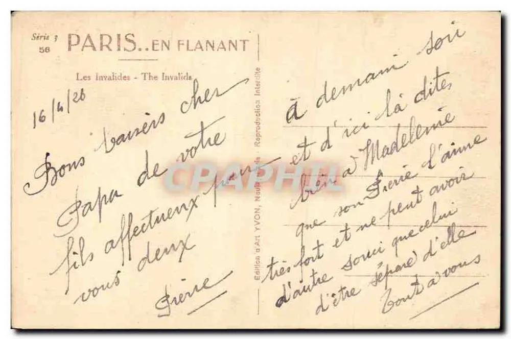 Les Invalides — Paris — Edição de Arte YVON, Série 3 n°58 - Verso
