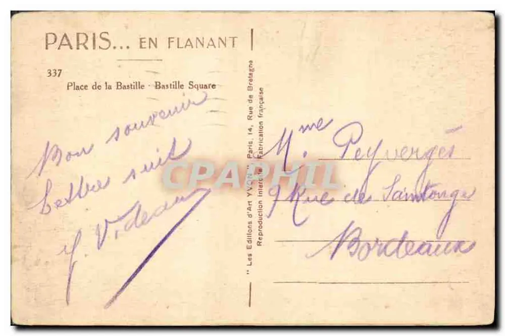 Place de la Bastille — Paris — Éditions d'Art YVON - Verso